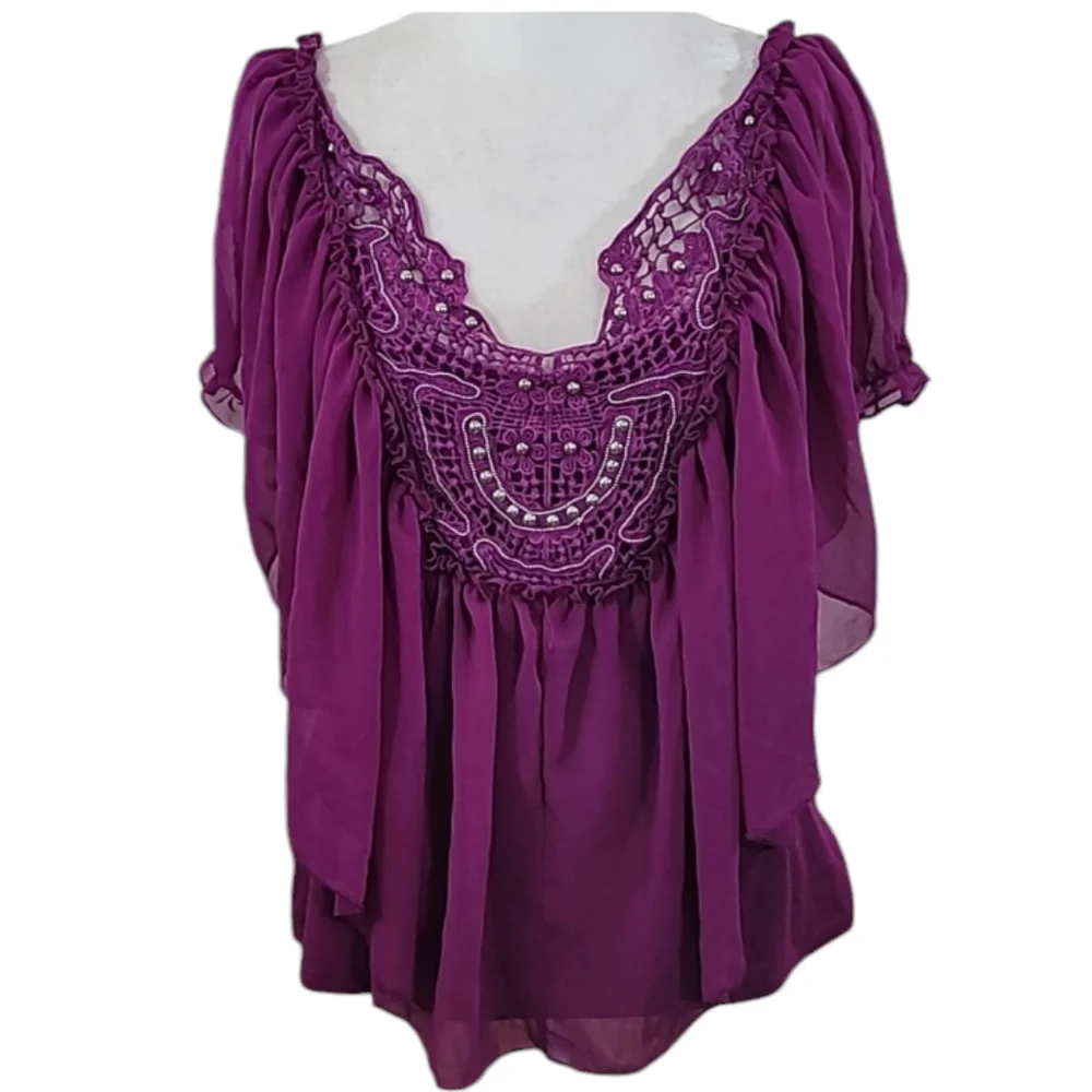Moa Moa Purple Beaded Top Crochet Trim Flutter Sleeves Sz Large - Picture 2 of 11